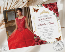 Load image into Gallery viewer, Red Floral Butterflies Photo Picture Quinceañera Sweet 15 Birthday Invitation Editable Template - Digital Printable File - Instant Download - QC13