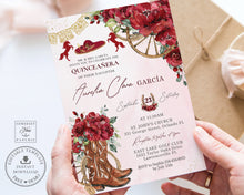 Load image into Gallery viewer, Red Floral Cowboy Boots Horses Charro Wild West Quinceañera Sweet 15 Birthday Invitation Editable Template - Digital Printable File - Instant Download - QC13