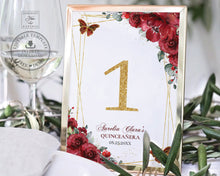 Load image into Gallery viewer, Red Floral Butterflies Gold Quinceañera Quince Birthday Sweet 16 Table Number Sign Editable Template Printable, INSTANT Download, QC13