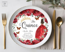 Load image into Gallery viewer, Chic Red Floral Gold Quinceañera Sweet 16 Birthday Plate Charger Insert Editable Template - Digital Printable File - Instant Download - QC13