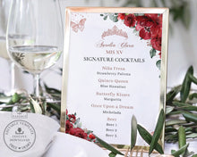 Load image into Gallery viewer, Red Roses Floral Rose Gold Quinceañera Sweet 16 Birthday Menu Sign Editable Template - Digital Printable Files - Instant Download - QC13