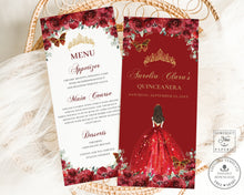 Load image into Gallery viewer, Red Roses Floral Gold Quinceañera Sweet 16 Birthday Menu Editable Template - Digital Printable Files - Instant Download - QC13