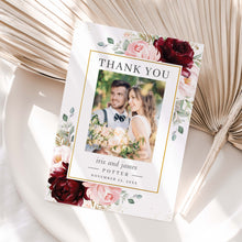 Load image into Gallery viewer, Elegant Burgundy Blush Floral Wedding Thank You Card with a Photograph