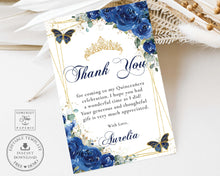 Load image into Gallery viewer, Royal Blue Floral Gold Butterflies Quinceañera Sweet 16 Birthday Thank You Editable Template - Digital Printable File - Instant Download - QC16