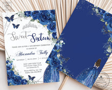 Load image into Gallery viewer, Royal Blue Floral Silver Sweet Sixteen 16th Birthday Invitation EDITABLE TEMPLATE, Princess Dress Butterflies Instant Download Printable, QC16