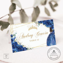 Load image into Gallery viewer, Royal Blue Floral Princess Dress Gold Quinceañera Quince Birthday Sweet 16 Place Card Editable Template Printable, INSTANT Download, QC16