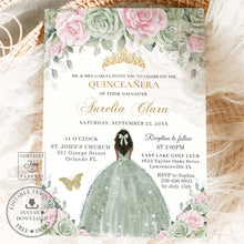 Load image into Gallery viewer, Sage Green Pink Floral Gold Brown Princess Sweet 16 Quinceañera Birthday Invitation Editable Template - Digital Printable File - Instant Download - QC49