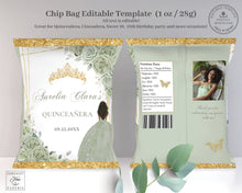 Load image into Gallery viewer, Chip Bag EDITABLE TEMPLATE Sage Green Floral Brown Princess Girl Gold Quinceañera Sweet 16 Birthday Favor Instant Download Printable QC43