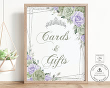 Load image into Gallery viewer, Sage Green Purple Lilac Lavender Floral Cards and Gifts Sign Quince Quinceañera Sweet 16 Birthday - Digital Printable Files - Instant Download - QC67