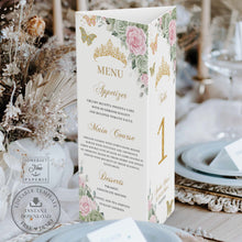 Load image into Gallery viewer, Sage Green Pink Floral Gold Quinceañera Tri-Fold Trifold Triangle Menu Table Number Printable EDITABLE TEMPLATE Quince XV 16th Birthday QC49