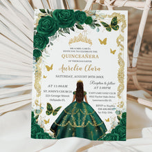 Load image into Gallery viewer, zazzle-emerald-green-roses-floral-flowers-vintage-gold-princess-Quinceanera-quinceanera-15th-sweet-16-birthday-party-invitation-cards-digital-file