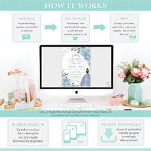 Load image into Gallery viewer, Chic Baby Blue Roses Floral Folded Thank You Card EDITABLE TEMPLATE Quinceañera Princess Tiara Butterflies Sweet 16th Birthday QC18