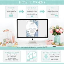 Load image into Gallery viewer, Sweet Sixteen 16th Birthday Silver Modern Geometric Baby Blue Floral Butterflies Crown Tiara Invitation EDITABLE TEMPLATE Digital Printable File QC18