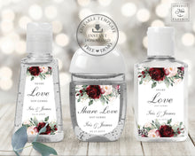 Load image into Gallery viewer, Rustic Burgundy Blush Floral Hand Sanitizer Labels, EDITABLE TEMPLATE, PocketBac Wedding Baby Shower Favors Digital Printable File, INSTANT Download, RB1
