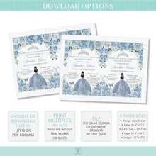 Load image into Gallery viewer, Sweet Sixteen 16th Birthday Silver Baby Blue Floral Butterflies Princess Invitation EDITABLE TEMPLATE Digital Printable File QC18