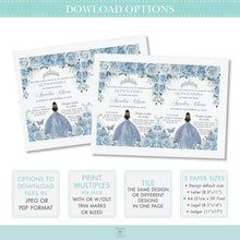 Load image into Gallery viewer, Sweet Sixteen 16th Birthday Silver Modern Geometric Baby Blue Floral Butterflies Crown Tiara Invitation EDITABLE TEMPLATE Digital Printable File QC18