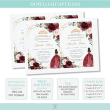 Load image into Gallery viewer, Burgundy Blush Floral Quinceañera Invitation Mis Quince 15 Anos Birthday Invite Diy Editable Template, Digital Printable File, QC1
