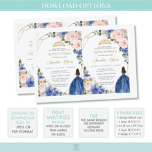 Load image into Gallery viewer, Princess Tiara Blue Blush Pink Floral Quinceanera 15th Birthday Invitation Editable Template - Digital Printable File - Instant Download - QC2