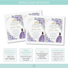 Load image into Gallery viewer, Purple Lilac and Blush Pink Floral Quince Twins Silver Quinceañera XV 15 Sweet 16 Birthday VIP Ticket Invitation Editable Template - Digital Printable File - Instant Download - QC41