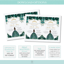 Load image into Gallery viewer, Emerald Green Floral Quinceañera Invitation INSTANT DOWNLOAD, Mis Quince 15 Anos Sweet 16 Birthday Invite Editable Template Printable, QC9
