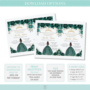 Emerald Green Floral Quinceañera Invitation INSTANT DOWNLOAD, Mis Quince 15 Anos Sweet 16 Birthday Invite Editable Template Printable, QC9