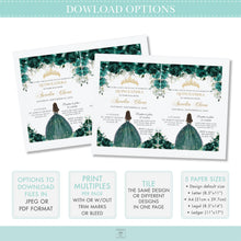 Load image into Gallery viewer, Chic Emerald Green Floral Silver Princess Tiara Quinceañera Invitation EDITABLE TEMPLATE Mis Quince 15 Anos Sweet 16 Birthday Invite Printable QC9