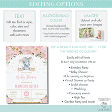 Load image into Gallery viewer, Chic Whimsical Elephant Blush Peach Floral Baby Shower Invitation EDITABLE TEMPLATE - Digital Printable File - Instant Download - EP3