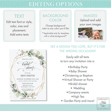 Load image into Gallery viewer, Elegant Rustic Greenery Geometric Bridal Shower Invitation Editable Template - Instant Download Digital Printable File - GR1