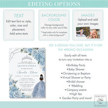 Load image into Gallery viewer, Sweet Sixteen 16th Birthday Silver Modern Geometric Baby Blue Floral Butterflies Crown Tiara Invitation EDITABLE TEMPLATE Digital Printable File QC18