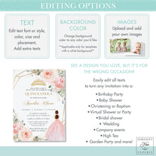 Load image into Gallery viewer, Chic Baby Blue Floral Silver Quinceañera Sweet 16 Princess Birthday INVITATION EDITABLE TEMPLATE, Digital Printable File, Instant Download, QC18