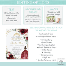 Load image into Gallery viewer, Chic Burgundy Blush Floral Quinceanera 15th Birthday Square Favor Tags - EDITABLE TEMPLATE - Digital Printable File - Instant Download - QC1