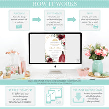 Load image into Gallery viewer, Burgundy Blush Floral Quinceañera Invitation Mis Quince 15 Anos Birthday Invite Diy Editable Template, Digital Printable File, QC1