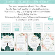 Load image into Gallery viewer, Chic Emerald Green Floral Silver Butterflies Princess Tiara Quinceañera Invitation EDITABLE TEMPLATE Mis Quince 15 Anos Sweet 16 Birthday Invite Printable QC9
