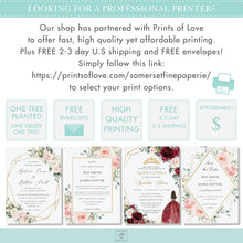 Load image into Gallery viewer, Burgundy Blush Floral Butterflies Quinceañera Invitation EDITABLE TEMPLATE, Mis Quince 15 Anos Princess Tiara Birthday Instant Download PDF Printable, QC11