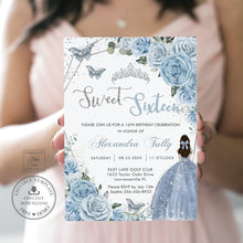Load image into Gallery viewer, Sweet Sixteen 16th Birthday Silver Baby Blue Floral Butterflies Princess Invitation EDITABLE TEMPLATE Digital Printable File QC18