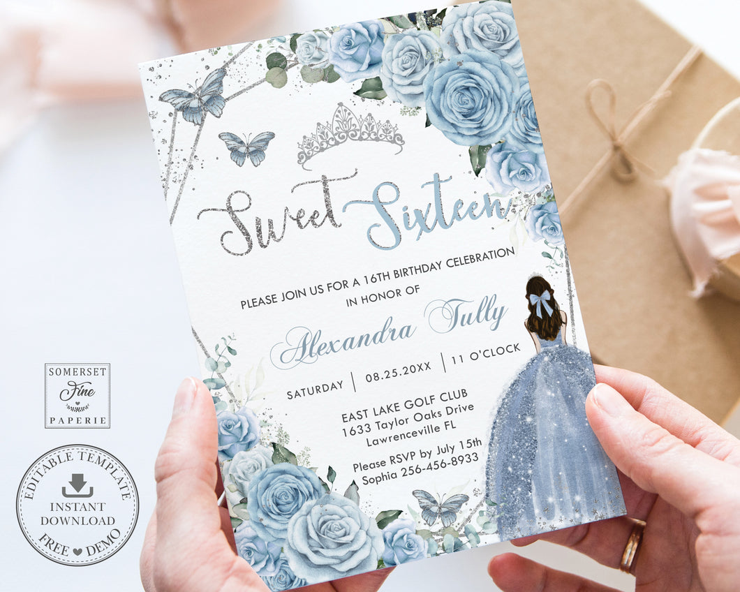 Sweet Sixteen 16th Birthday Silver Baby Blue Floral Butterflies Princess Invitation EDITABLE TEMPLATE Digital Printable File QC18
