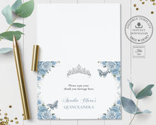 Load image into Gallery viewer, Chic Baby Blue Roses Floral Folded Thank You Card EDITABLE TEMPLATE Quinceañera Princess Tiara Butterflies Sweet 16th Birthday QC18