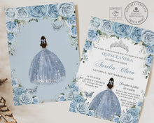 Load image into Gallery viewer, Chic Baby Blue Floral Silver Quinceañera Sweet 16 Princess Birthday INVITATION EDITABLE TEMPLATE, Digital Printable File, Instant Download, QC18