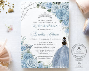 Baby Blue Floral Silver Quinceañera Sweet 16 Princess Birthday INVITATION EDITABLE TEMPLATE, Digital Printable File, Instant Download, QC18
