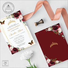 Load image into Gallery viewer, Burgundy Blush Floral Butterflies Quinceañera Invitation EDITABLE TEMPLATE, Mis Quince 15 Anos Princess Tiara Birthday Instant Download PDF Printable, QC11