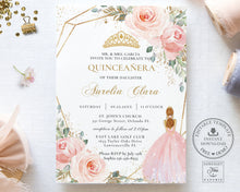 Load image into Gallery viewer, Blush Pink Floral Quinceañera Invitation EDITABLE TEMPLATE, Mis Quince 15 Anos Birthday Sweet 16 Princess Invite DIY Printable INSTANT DOWNLOAD, QC7