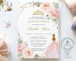 Blush Pink Floral Quinceañera Invitation EDITABLE TEMPLATE, Mis Quince 15 Anos Birthday Sweet 16 Princess Invite DIY Printable INSTANT DOWNLOAD, QC7