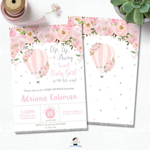 Load image into Gallery viewer, Pink Blush Floral Hot Air Balloon Baby Shower Invitation Silver Glitter Editable Template - Digital File - Instant Download - HB2