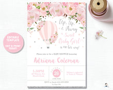 Load image into Gallery viewer, Pink Blush Floral Hot Air Balloon Baby Shower Invitation Silver Glitter Editable Template - Digital File - Instant Download - HB2