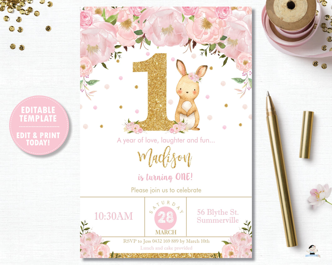 Bunny 1st First Birthday Party Invitation Editable Template - Instant Download - Digital Printable File - CB6