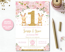 Load image into Gallery viewer, Twin Girls Bunny 1st First Birthday Party Invitation Editable Template - Instant Download - Digital Printable File - CB6
