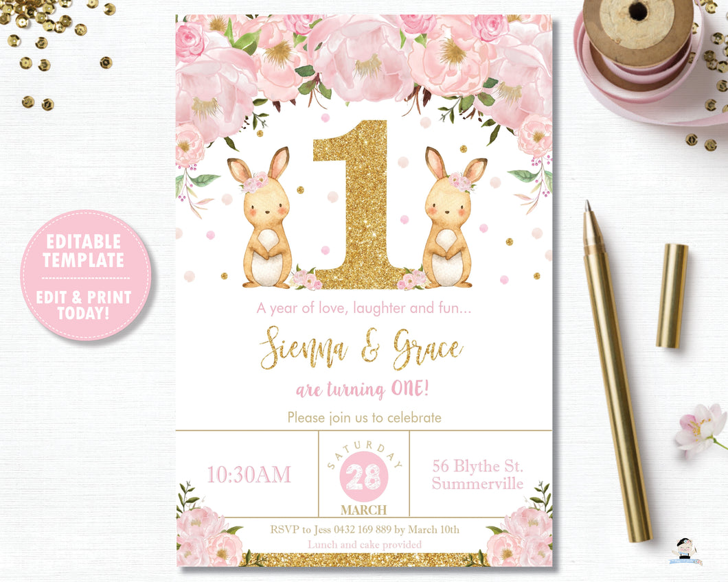 Twin Girls Bunny 1st First Birthday Party Invitation Editable Template - Instant Download - Digital Printable File - CB6