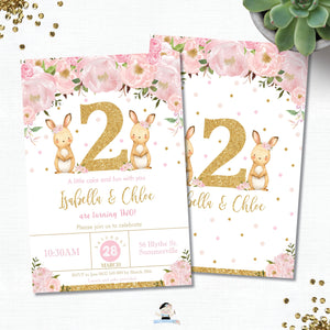 Twin Girls Bunnies 2nd Birthday Party Invitation Editable Template - Instant Download - Digital Printable File - CB6