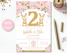 Load image into Gallery viewer, Twin Girls Bunnies 2nd Birthday Party Invitation Editable Template - Instant Download - Digital Printable File - CB6