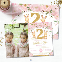 Load image into Gallery viewer, Twin Girls Bunnies 2nd Birthday Party Photo Invitation Editable Template - Instant Download - Digital Printable File - CB6